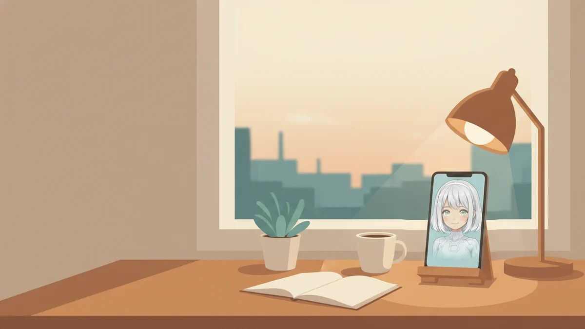 AI and You — key art: a cozy desk by a window with Aya glowing on a phone