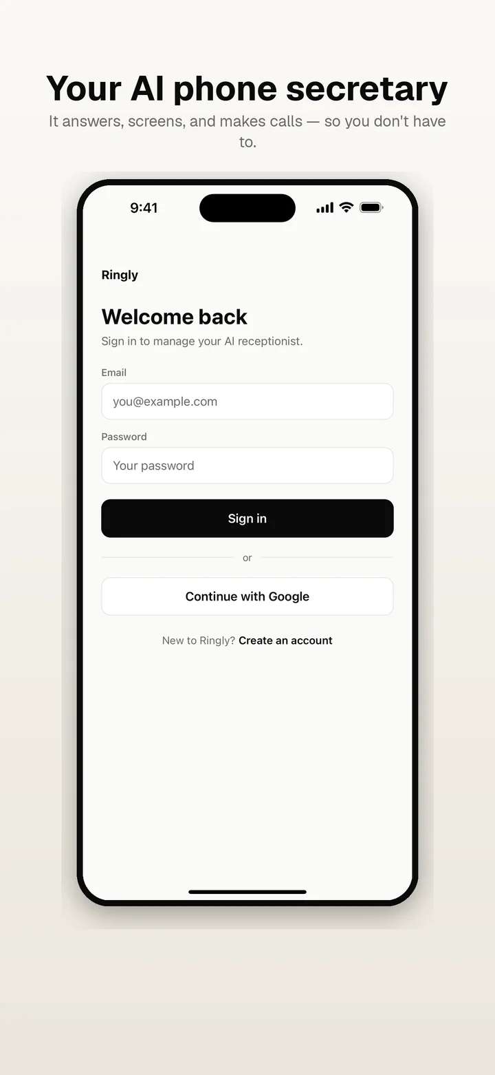 Ringly app — incoming call answered by the AI receptionist